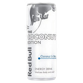 Red Bull - Coconut & Berry Energy Drink (250ml) combines coconut and berry flavors in a sleek silver and white can with the iconic bull logo—ideal for staying alert and refreshed.